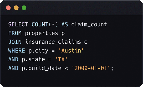 SQL query counting pre-2000 Austin homes with claims